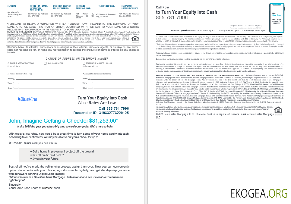 États , Unis Californie Relevé de prêt hypothécaire de la banque BlueVine aux formats Word et PDF, 4 pages 3, 4